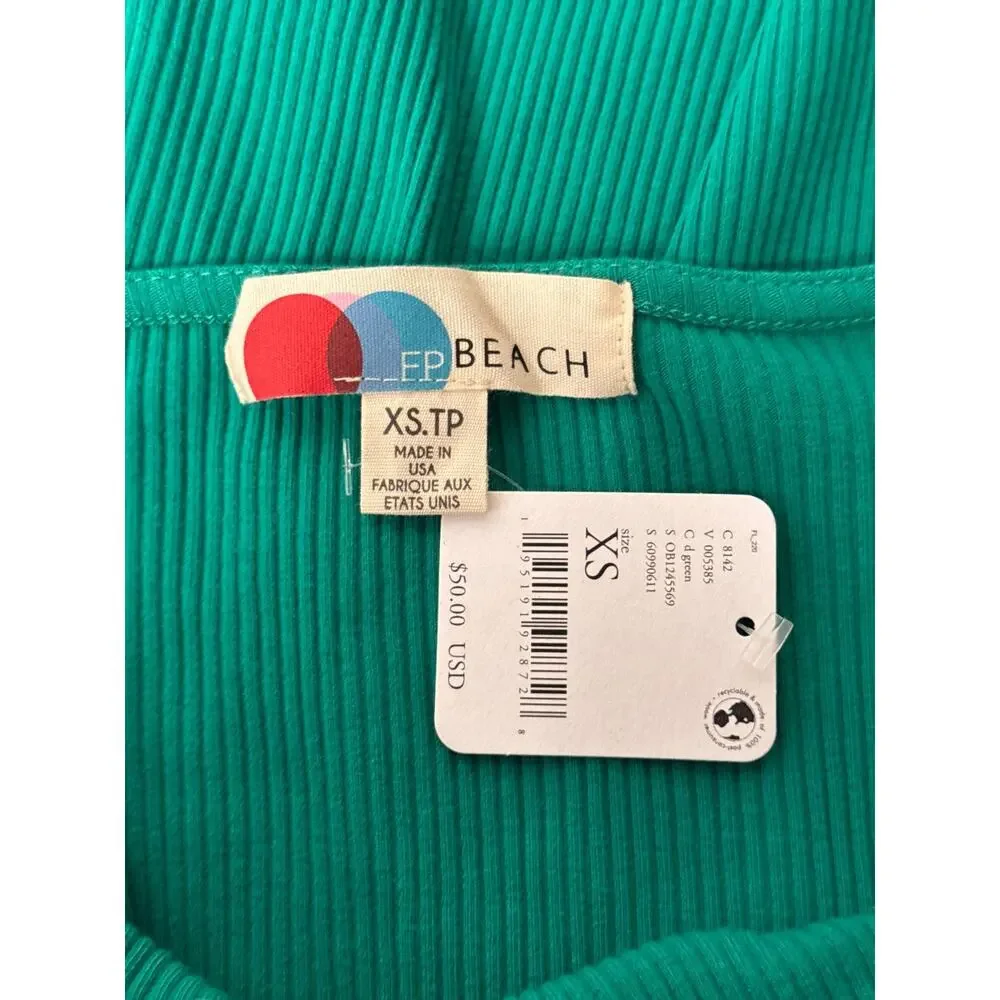 New Free People Dress XS Womens Green Ribbed Square Neck Long Sleeve Mini